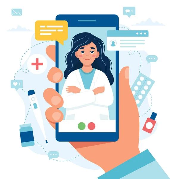 Cita médica en línea. Doctora en la pantalla del smartphone. ilustración en estilo plano —  Fotos de Stock