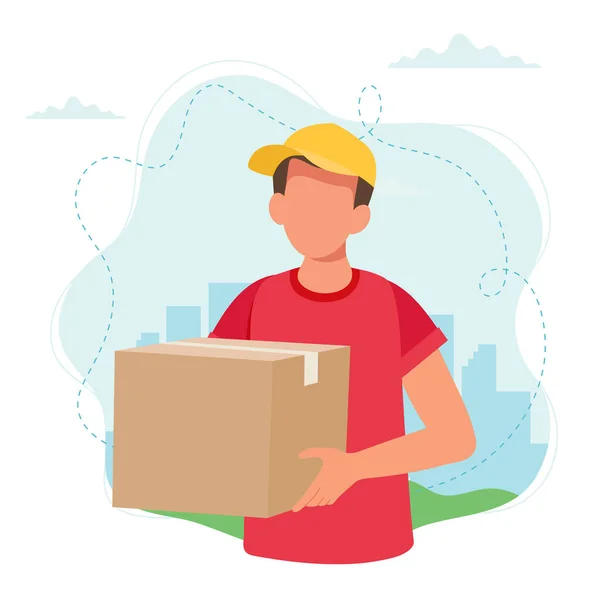 El repartidor sostiene una caja de paquetes. Servicio de entrega, envío rápido y gratuito. ilustración en estilo plano — Foto de Stock