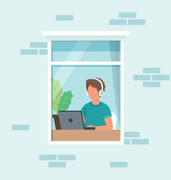 Stay home concept. Man working at home. Social isolation during epidemic. Cute illustration in flat style — Stock Photo, Image