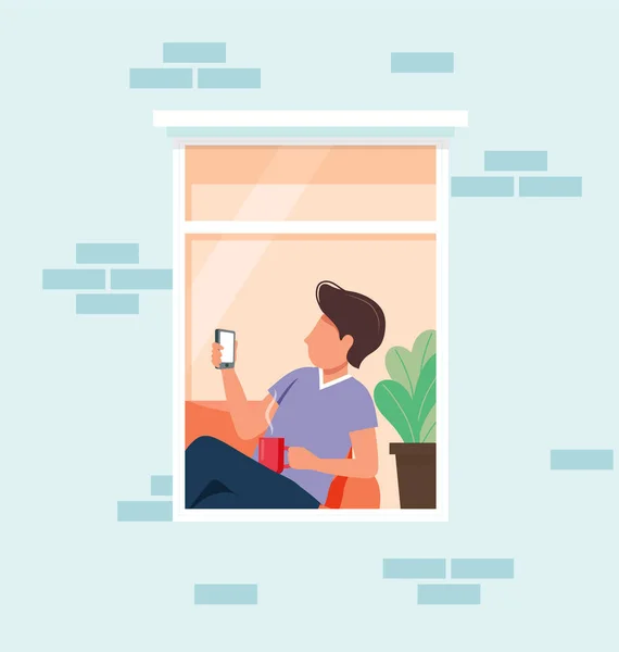 Stay home concept. Man with smartphone at home. Social isolation during epidemic. Cute illustration in flat style — Stock Photo, Image