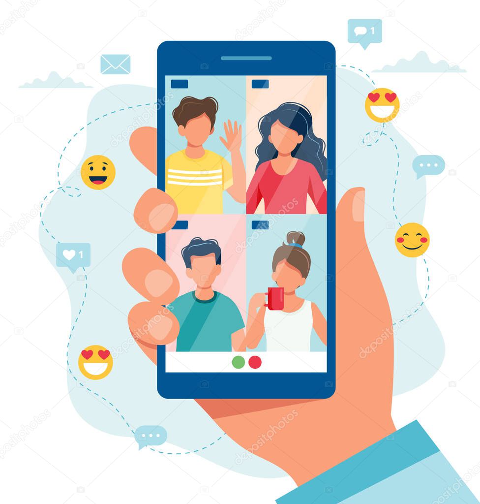 Group call with friends, video conference. Hand holding smartphone. illustration in flat style