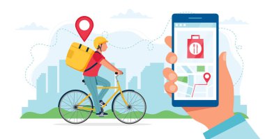 Bisiklet teslimatı konsepti, kurye karakteri teslimat kutusuyla bisiklete binmek, konumu olan akıllı telefonu tutmak. Düz biçimli illüstrasyon