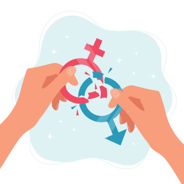 Gender norms concept. Hands holding gender symbols breaking in pieces. illustration in flat style clipart