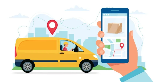 Concepto de servicio de entrega, personaje de mensajero cabalgando coche de entrega amarillo, mano sosteniendo teléfono inteligente con ubicación. ilustración en estilo plano — Foto de Stock