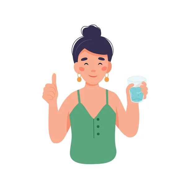 Trinken Sie mehr Wasser. Frauenfigur mit einem Glas Wasser — Stockvektor