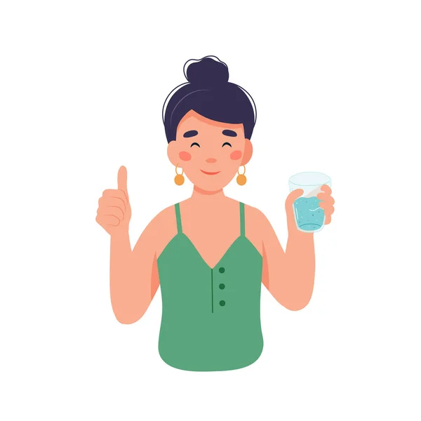 Bebe más agua. Personaje de mujer con un vaso de agua — Vector de stock