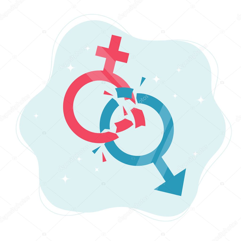 Gender norms concept. Gender symbols breaking in pieces. Vector illustration in flat style