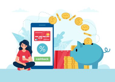 Nakit para kavramı, akıllı telefonu olan bir kadın, para bir bankaya gider. Düz biçimli illüstrasyon