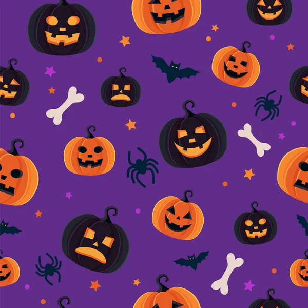 Padrão de Halloween com diferentes abóboras, Jack o lanterna assustador, aranhas e morcegos —  Vetores de Stock