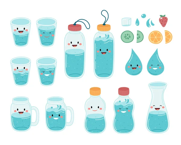 もっと水を飲む。かわいいボトルとメガネのコレクション — ストックベクタ