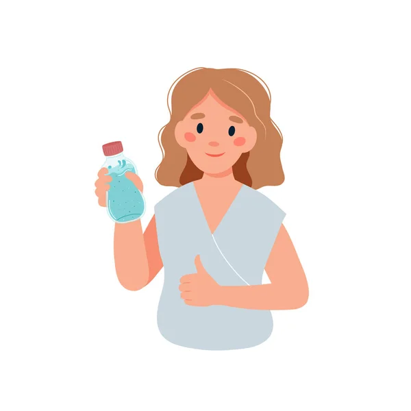 Bebe más agua. Personaje de mujer con una botella de agua — Vector de stock