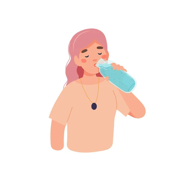 Πιες κι άλλο νερό. Γυναικείος χαρακτήρας με ένα μπουκάλι νερό — Διανυσματικό Αρχείο