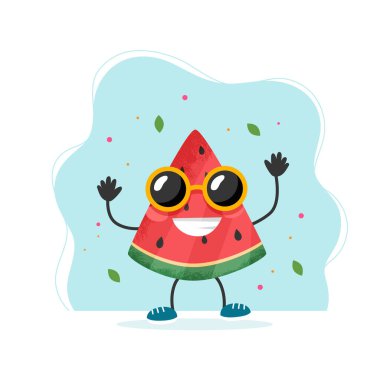 Sevimli karpuz karakteri. Renkli yaz tasarımı. Düz biçimli illüstrasyon