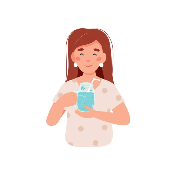 Bebe más agua. Personaje de mujer con un vaso de agua — Vector de stock