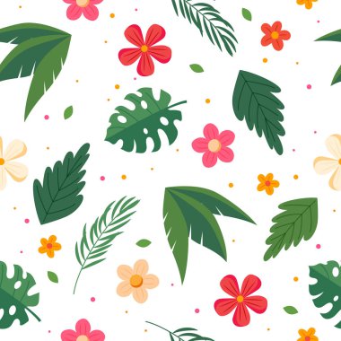 Yapraklı ve çiçekli yaz deseni. Düz biçimli illüstrasyon