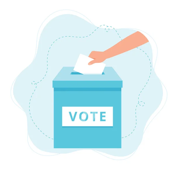 Избирательная урна. Рука, голосующая за коробку. Концепция выборов. — стоковый вектор