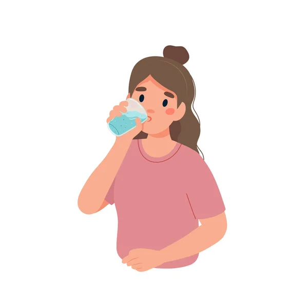 Πιες κι άλλο νερό. Γυναικείος χαρακτήρας με ένα ποτήρι νερό — Διανυσματικό Αρχείο