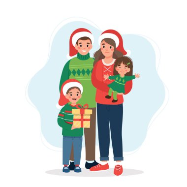 Noel 'de mutlu bir aile. Düz biçimdeki şirin vektör illüstrasyonu