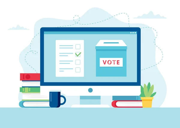 Концепция онлайн голосования. Избирательная урна и бюллетень на мониторе. — стоковый вектор