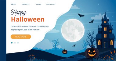 Cadılar Bayramı perili evi, dolunay, balkabağı ve ağaçlar. Sayfa şablonu