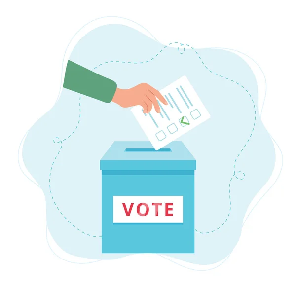 Voten las urnas. Una mano poniendo un voto en la caja. Concepto electoral. — Vector de stock