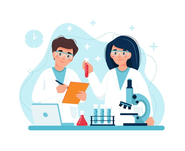 Wissenschaftler bei der Arbeit, Charaktere, die Experimente im Labor durchführen. Illustration im flachen Stil — Stockfoto