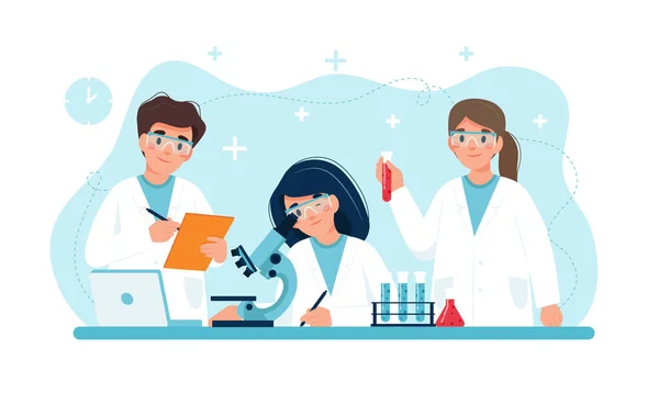 Επιστήμονας στη δουλειά, χαρακτήρες που κάνουν πειράματα στο εργαστήριο. απεικόνιση σε επίπεδη στυλ — Φωτογραφία Αρχείου