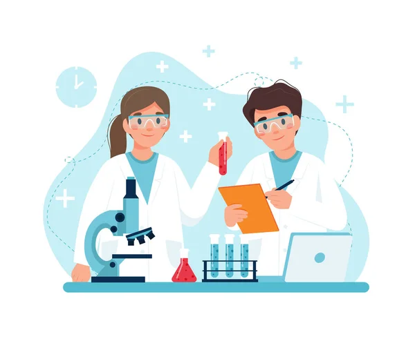 Wetenschapper aan het werk, karakters die experimenten uitvoeren in het lab. illustratie in platte stijl — Stockfoto