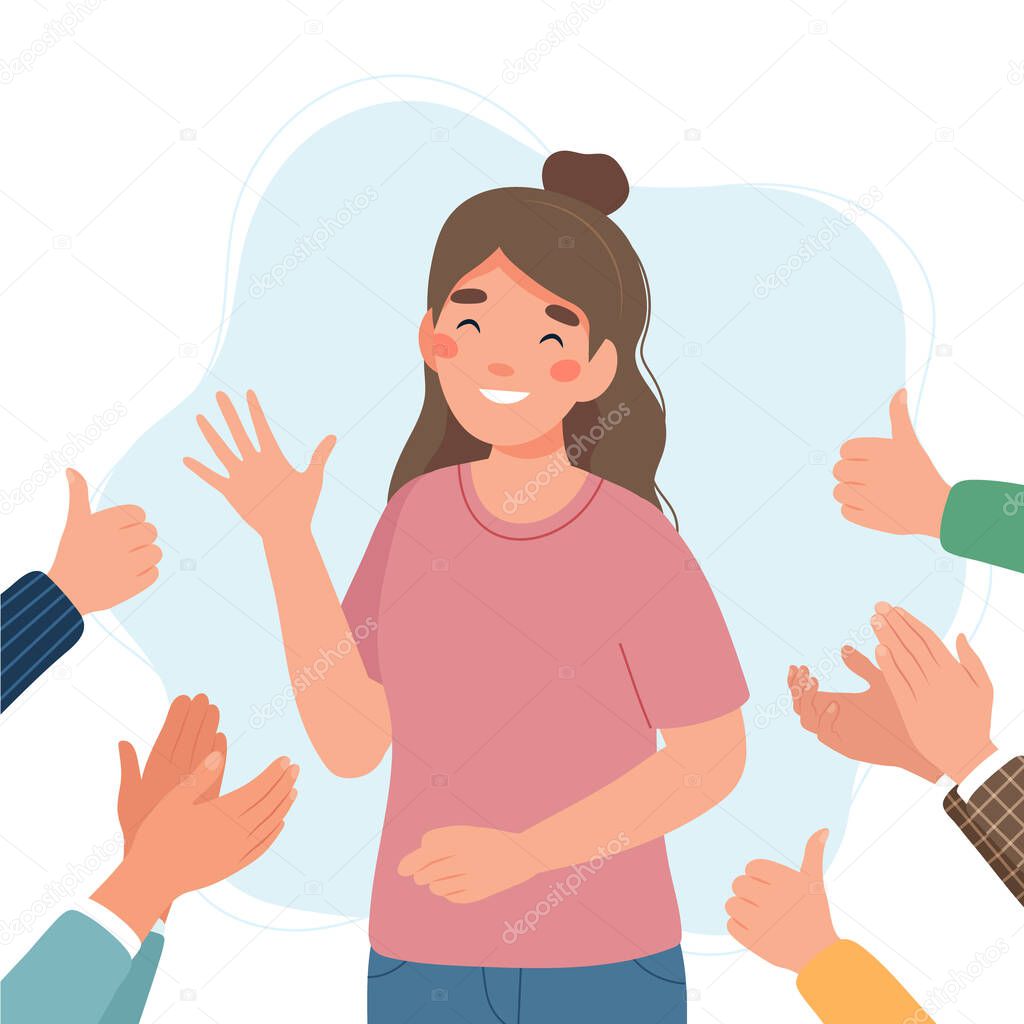 Happy young woman surrounded by hands with thumbs up and applauding. Success and social approval and acceptance concept