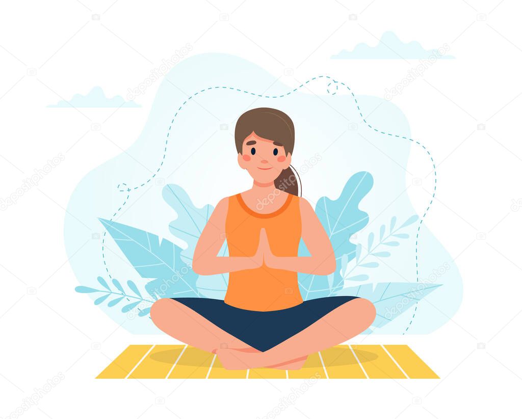 Yoga at home. Woman doing yoga with leaves background illustration in flat style