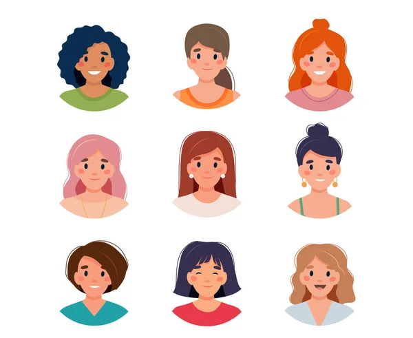 Conjunto de mujeres avatar. Diversidad grupo de mujeres jóvenes lindas. Ilustración vectorial en estilo plano — Vector de stock