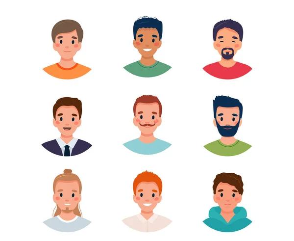 Set di avatar da uomo. Diversità gruppo di giovani uomini carini. Illustrazione vettoriale in stile piatto — Vettoriale Stock