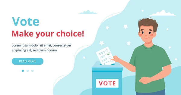 Человек, голосующий в урну для голосования. Концепция веб-страницы для голосования. — стоковый вектор