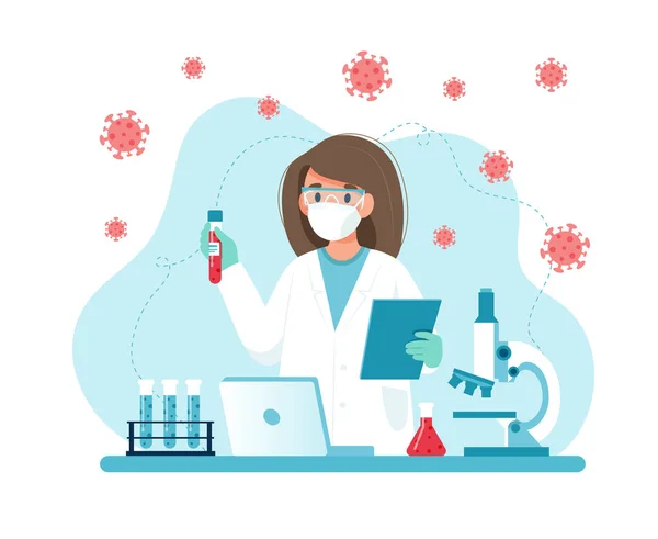 Vaccine research, female scientist conducting experiments in lab. illustration in flat style