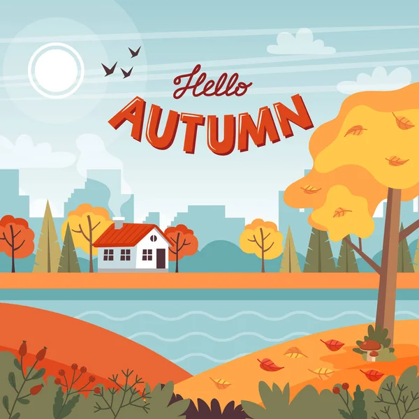 Herbstlandschaft Mit Putzigem Haus Und Schriftzug Illustration Flachen Stil — Stockfoto
