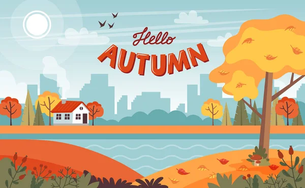 Herbstlandschaft Mit Putzigem Haus Und Schriftzug Illustration Flachen Stil — Stockfoto