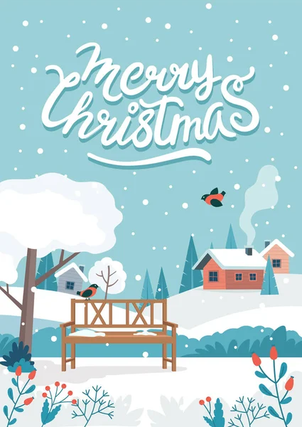 Weihnachtsgrußkarte Mit Niedlicher Landschaft Und Schriftzug — Stockvektor