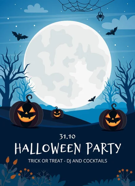 Plantilla Folleto Fiesta Halloween Con Luna Llena Calabazas — Vector de stock