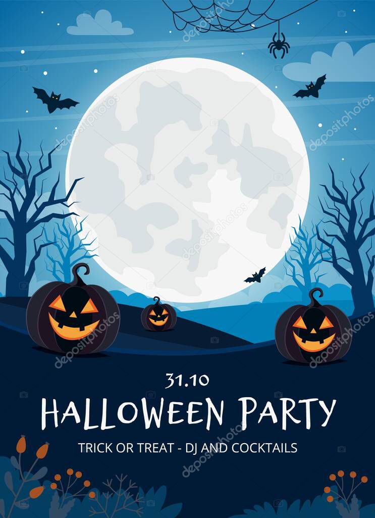 Halloween party flyer template with full moon and pumpkins