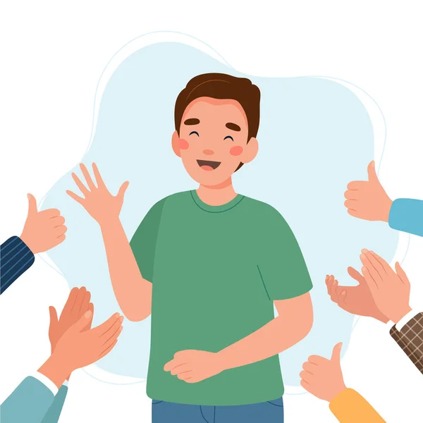 Happy young man surrounded by hands with thumbs up and applauding. Success and social approval and acceptance concept — Stock Vector