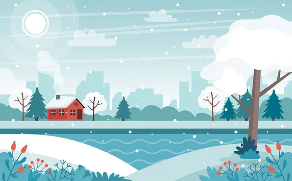 Illustration vectorielle de paysage d'hiver mignon dans le style plat — Image vectorielle