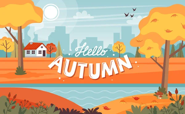 Podzimní krajina s pěkným domem a nápisy. ilustrace v plochém stylu — Stock fotografie