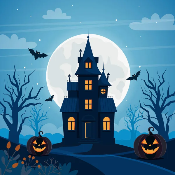 Halloween tło z nawiedzonym domu, pełni księżyca, dynie i drzewa — Zdjęcie stockowe