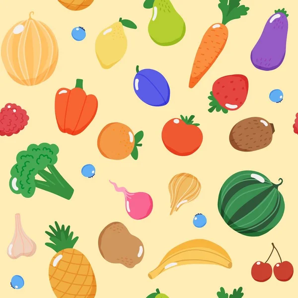 Patrón sin costura de frutas y verduras, ilustración vectorial en estilo plano — Vector de stock