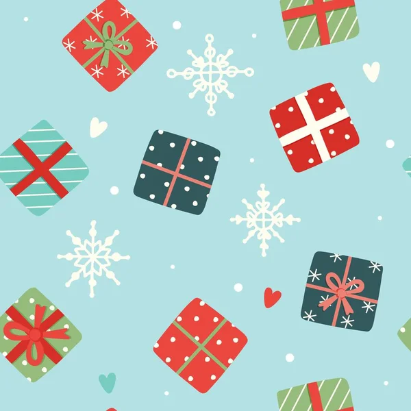 Modello natalizio con simpatici regali, illustrazione vettoriale in stile piatto — Vettoriale Stock