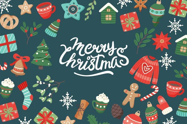 Banner de Navidad con letras y elementos estacionales lindos, ilustración vectorial en estilo plano — Archivo Imágenes Vectoriales