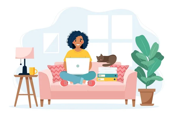 Concepto de oficina en casa, mujer trabajando desde casa sentada en un sofá, concepto de trabajo remoto — Vector de stock