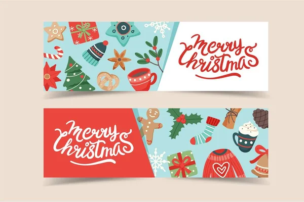 Plantilla de banner de Navidad con letras y elementos estacionales lindos, ilustración vectorial en estilo plano — Archivo Imágenes Vectoriales