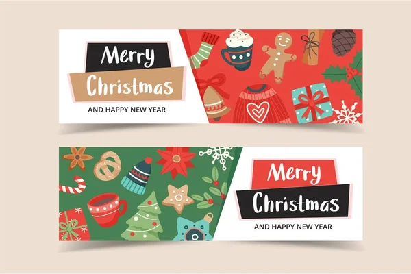Modello di banner natalizio con lettering e simpatici elementi stagionali, illustrazione vettoriale in stile piatto — Vettoriale Stock