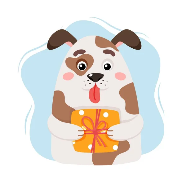 Roztomilý pes držící dárek. Kreslený vektorový obrázek — Stockový vektor